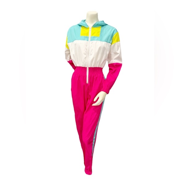 unbranded Pants - Vintage 80s Colorblock Windbreaker Jumpsuit Pink Teal Women’s M